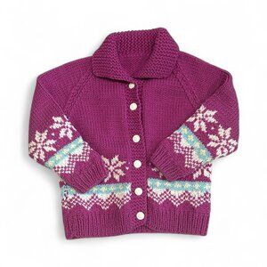 Handmade Knit‎ Pink Nordic Cardigan Sweater Girls Est. Sz 4–5T White Snowflakes